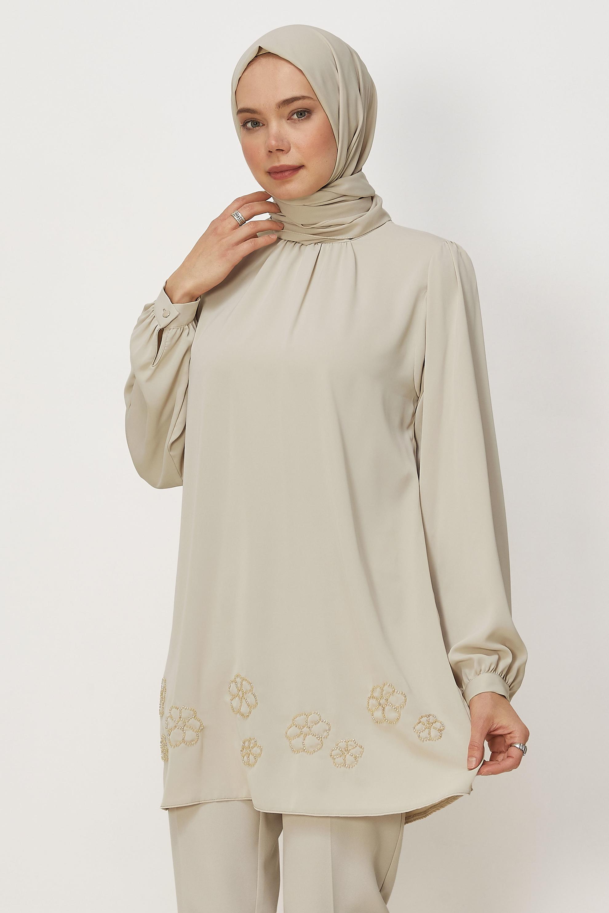 Hijab clothing BEIGE EMBROIDERY DETAILED TUNIC 45710