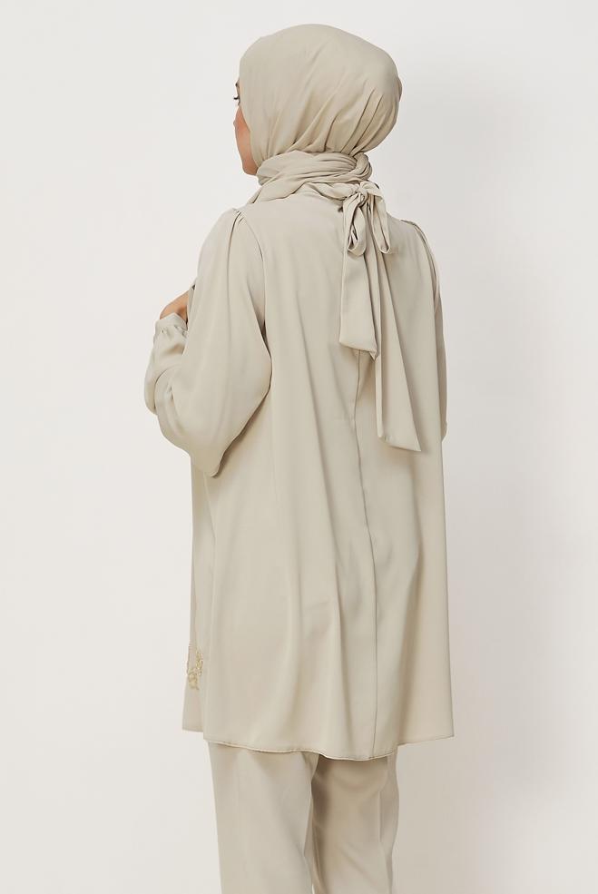 Hijab clothing BEIGE EMBROIDERY DETAILED TUNIC 45710 - ALVİNA