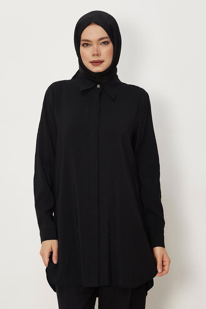 Tesettür giyim SİYAH GÖMLEK YAKA TUNİK 45720 - ALVİNA