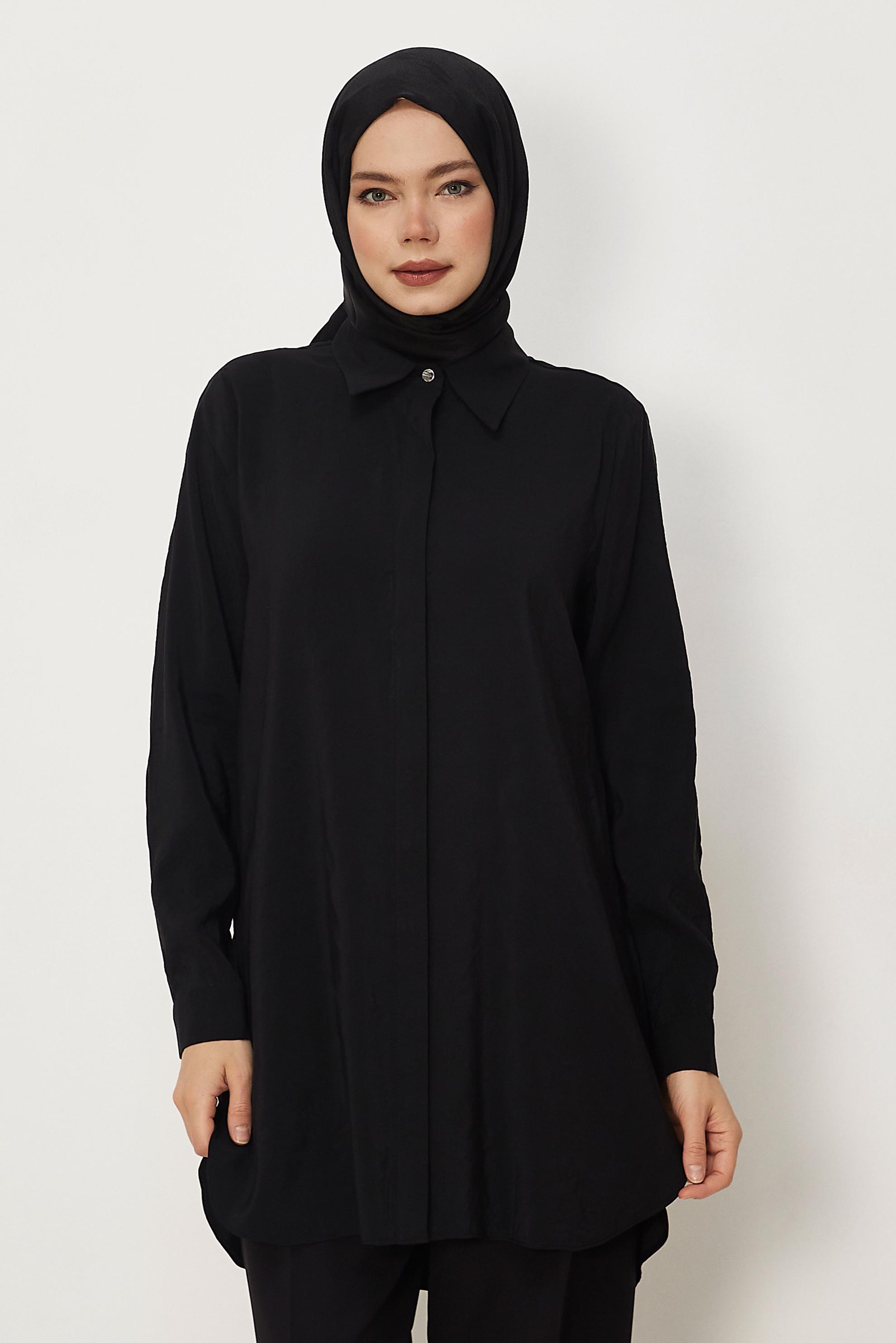 Tesettür giyim SİYAH GÖMLEK YAKA TUNİK 45720