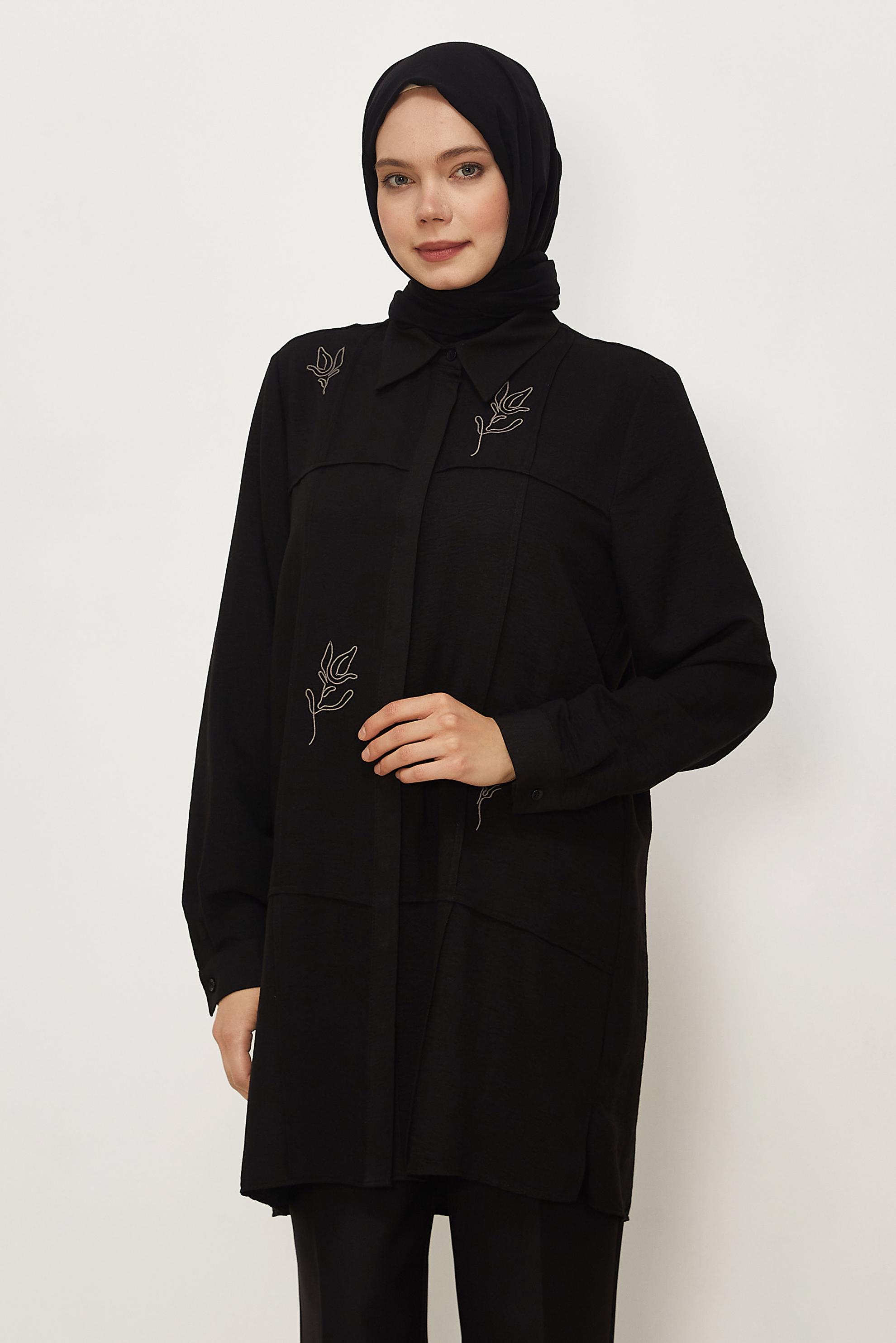 Tesettür giyim SİYAH GÖMLEK YAKA TUNİK 46318