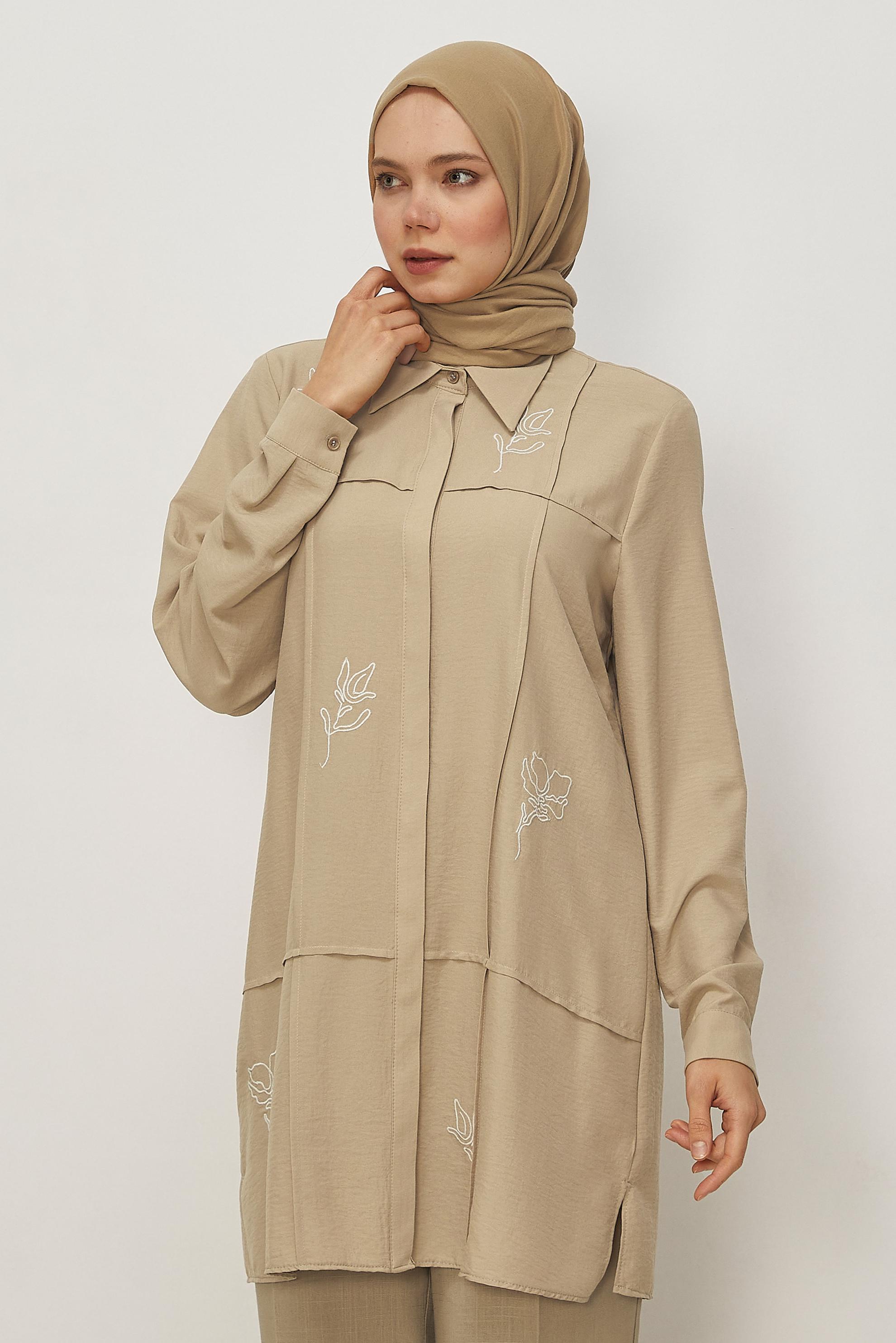 Tesettür giyim BEJ GÖMLEK YAKA TUNİK 46318