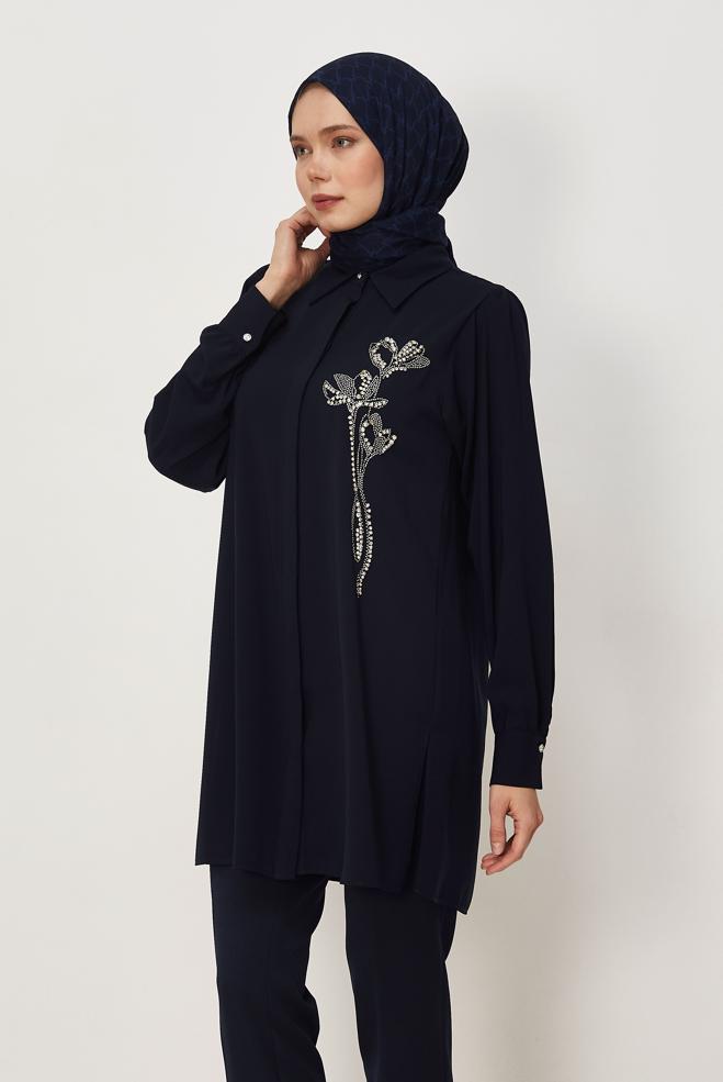 Hijab clothing NAVY BLUE GEM DETAILED TUNIC 46319 - ALVİNA