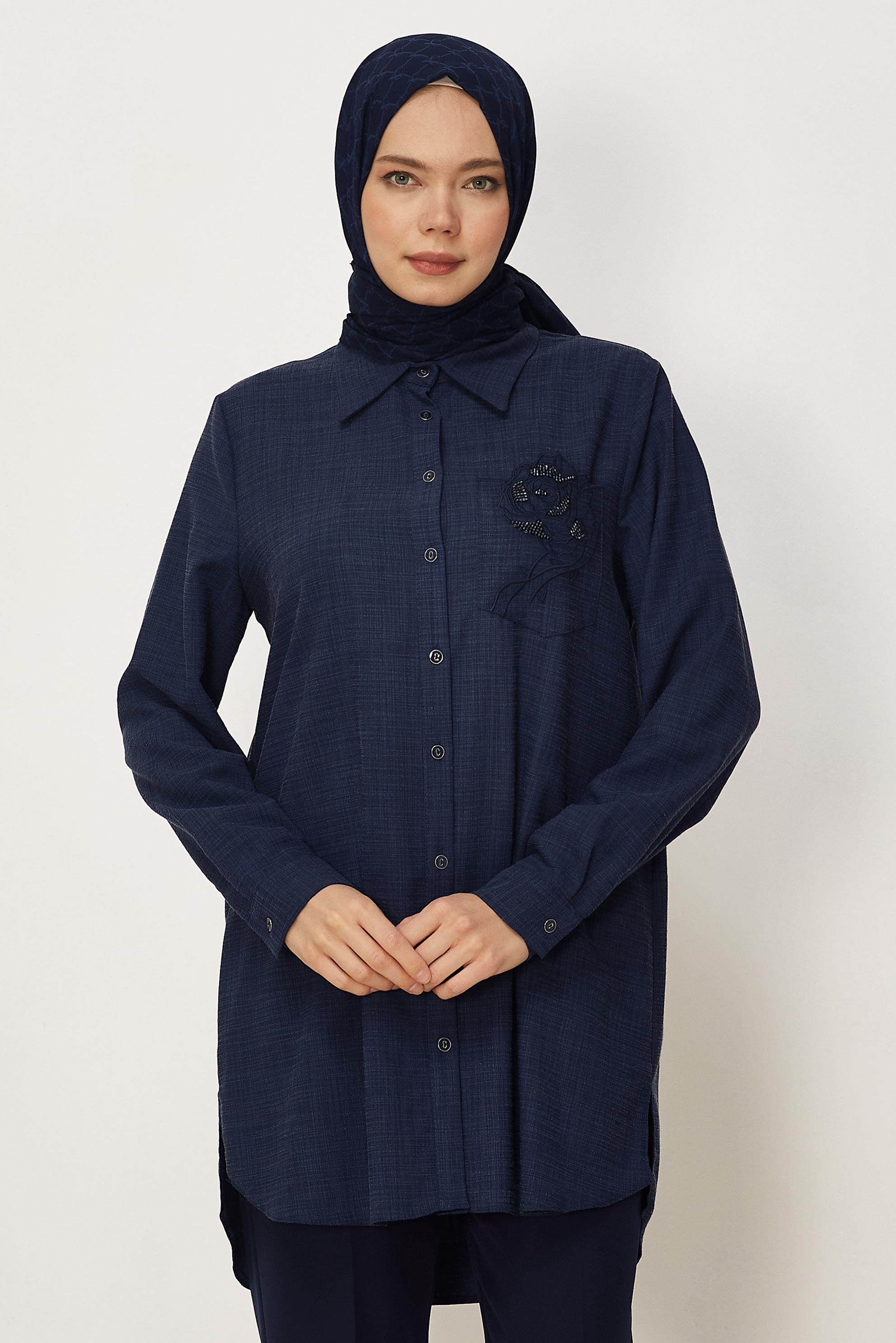 Tesettür giyim LACİVERT GÖMLEK YAKA TUNİK 46320