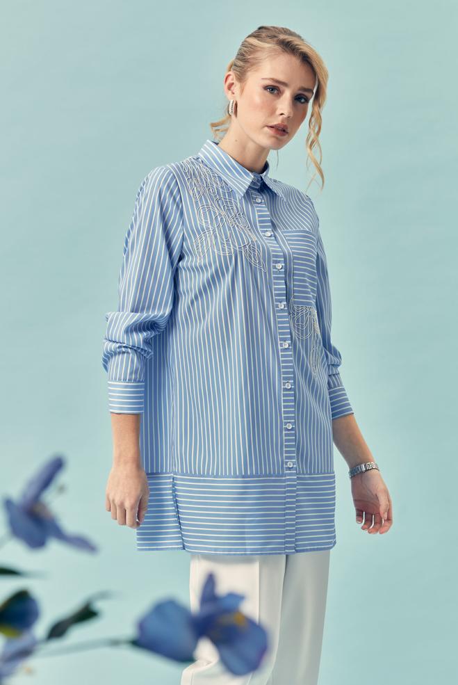 Hijab-Kleidung BLAU HEMDKRAGEN TUNIKA 46356 - ALVİNA