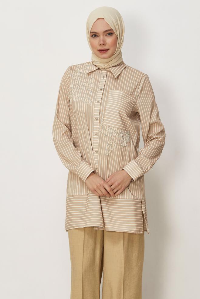 Hijab-Kleidung BEIGE HEMDKRAGEN TUNIKA 46356 - ALVİNA