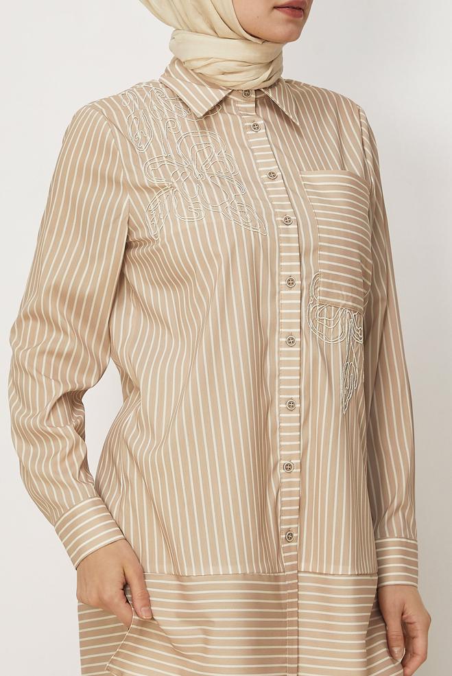 Hijab-Kleidung BEIGE HEMDKRAGEN TUNIKA 46356 - ALVİNA
