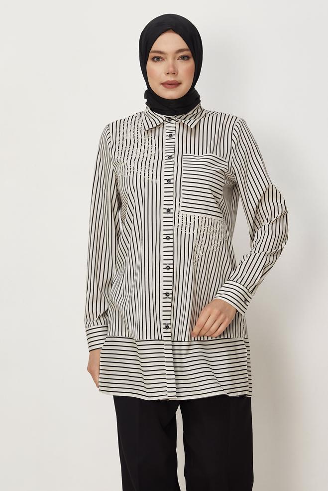 Hijab-Kleidung BEIGE HEMDKRAGEN TUNIKA 46356 - ALVİNA