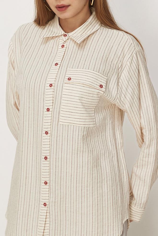 Hijab-Kleidung BURGUND GESTREIFTE HEMDKRAGEN-TUNIKA 46358 - ALVİNA