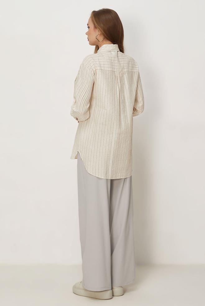 Hijab-Kleidung BURGUND GESTREIFTE HEMDKRAGEN-TUNIKA 46358 - ALVİNA