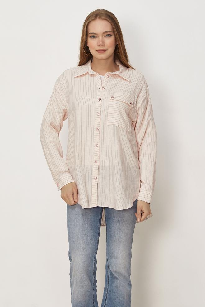 Hijab-Kleidung ROSA GESTREIFTE HEMDKRAGEN-TUNIKA 46358 - ALVİNA