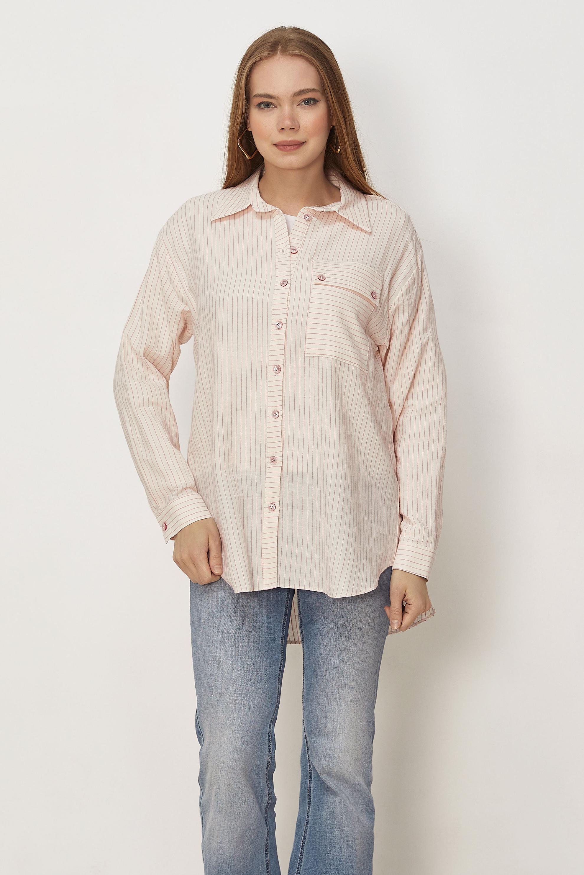 Hijab-Kleidung ROSA GESTREIFTE HEMDKRAGEN-TUNIKA 46358