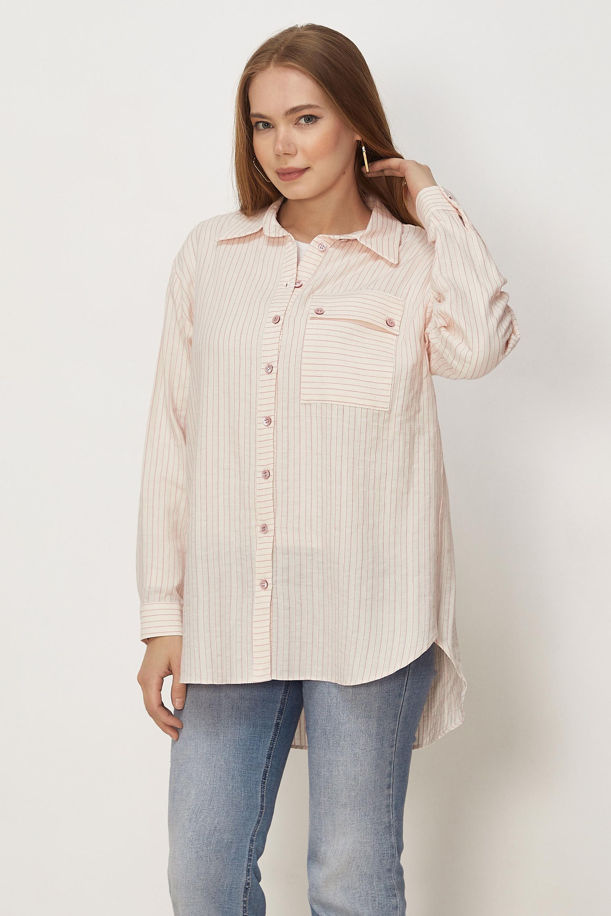 Hijab-Kleidung ROSA GESTREIFTE HEMDKRAGEN-TUNIKA 46358