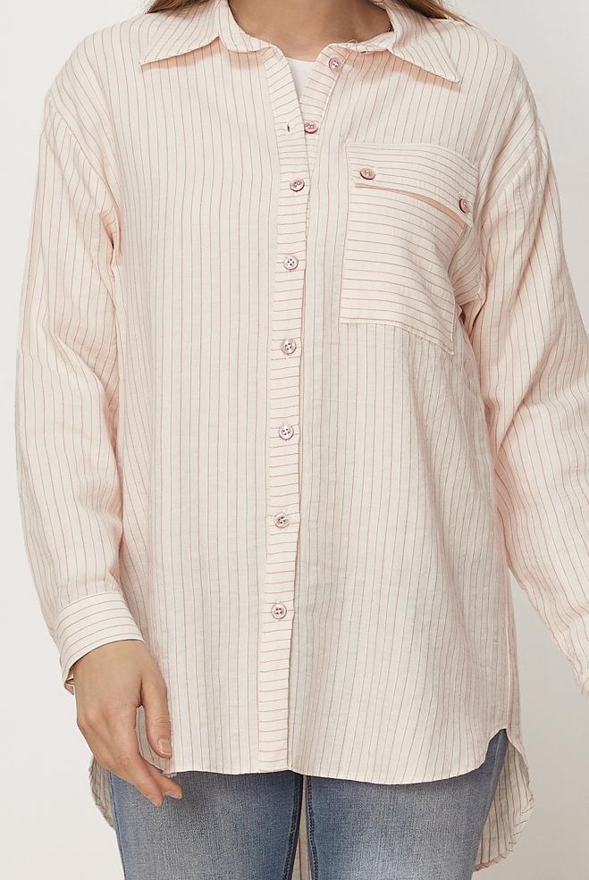 Hijab-Kleidung ROSA GESTREIFTE HEMDKRAGEN-TUNIKA 46358 - ALVİNA