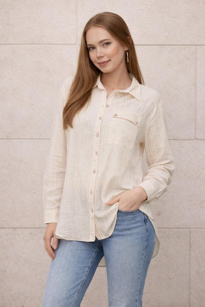 Hijab-Kleidung ROSA GESTREIFTE HEMDKRAGEN-TUNIKA 46358 - ALVİNA