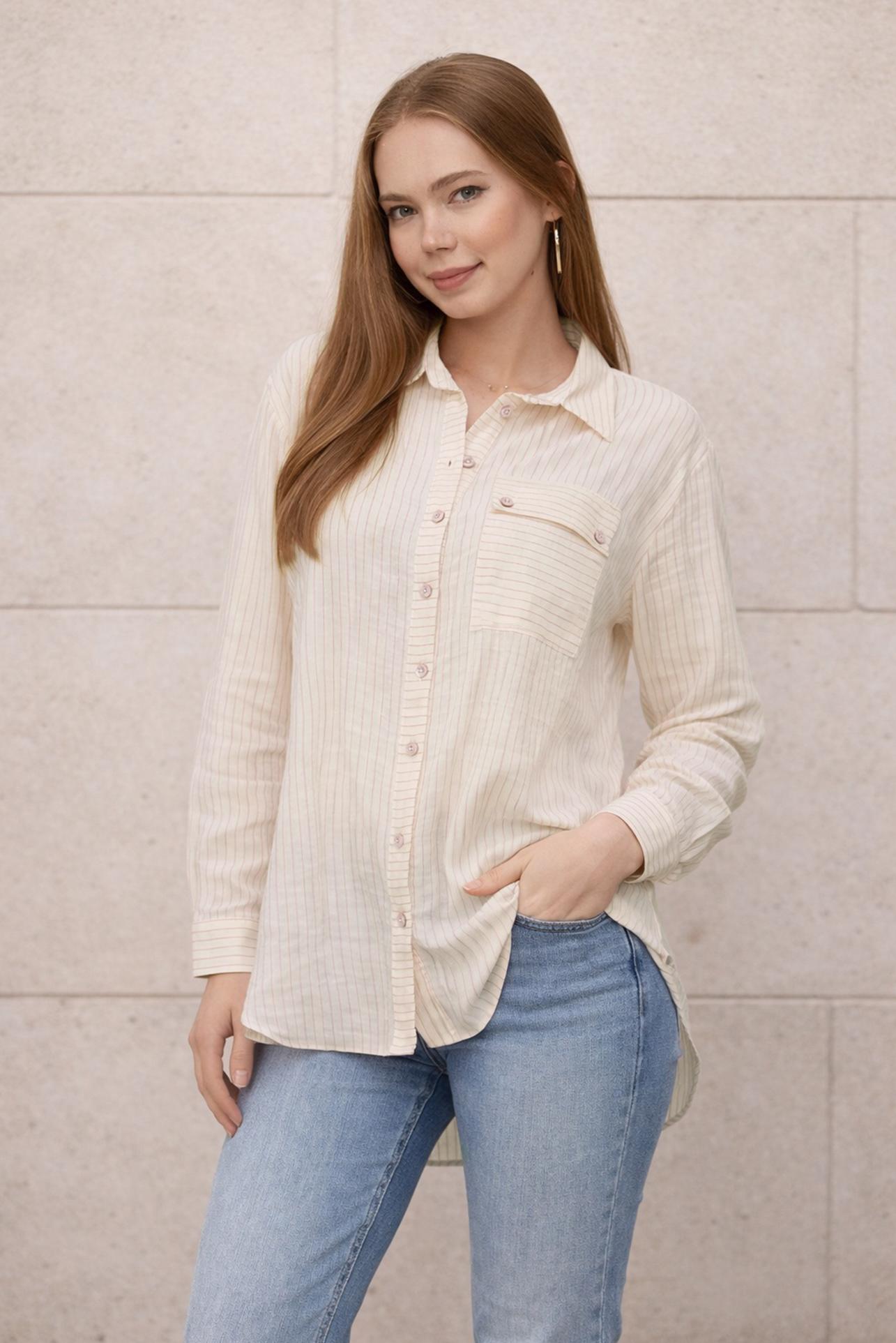 Hijab-Kleidung ROSA GESTREIFTE HEMDKRAGEN-TUNIKA 46358