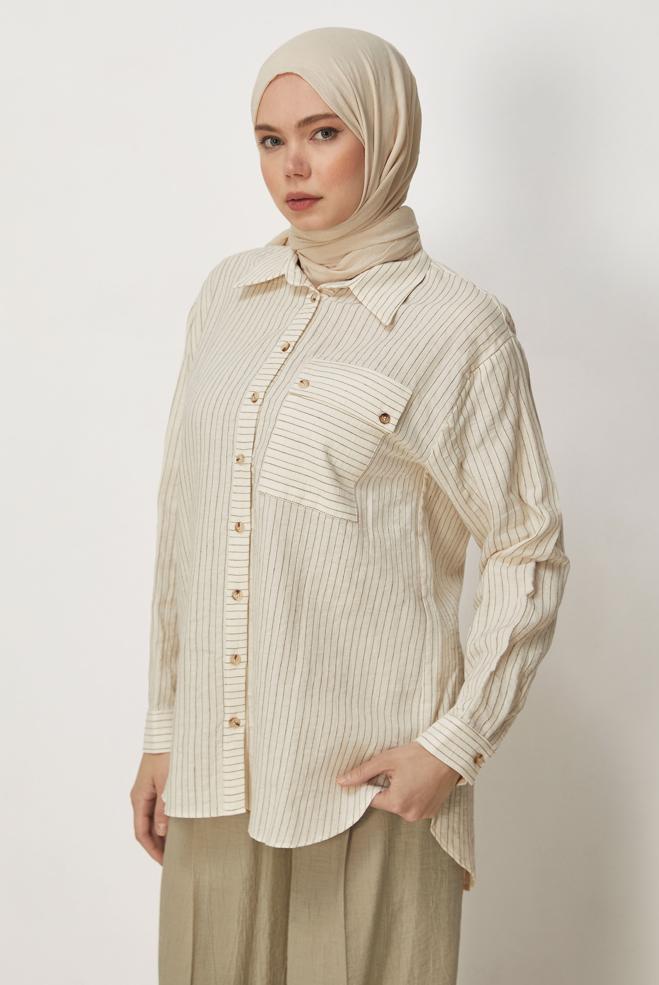 Hijab-Kleidung BRAUN GESTREIFTE HEMDKRAGEN-TUNIKA 46358 - ALVİNA