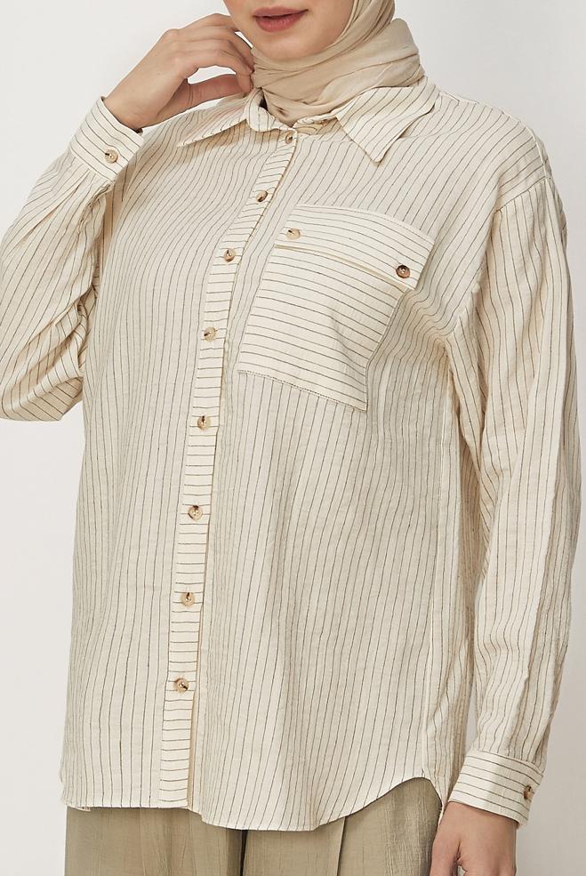 Hijab-Kleidung BRAUN GESTREIFTE HEMDKRAGEN-TUNIKA 46358 - ALVİNA