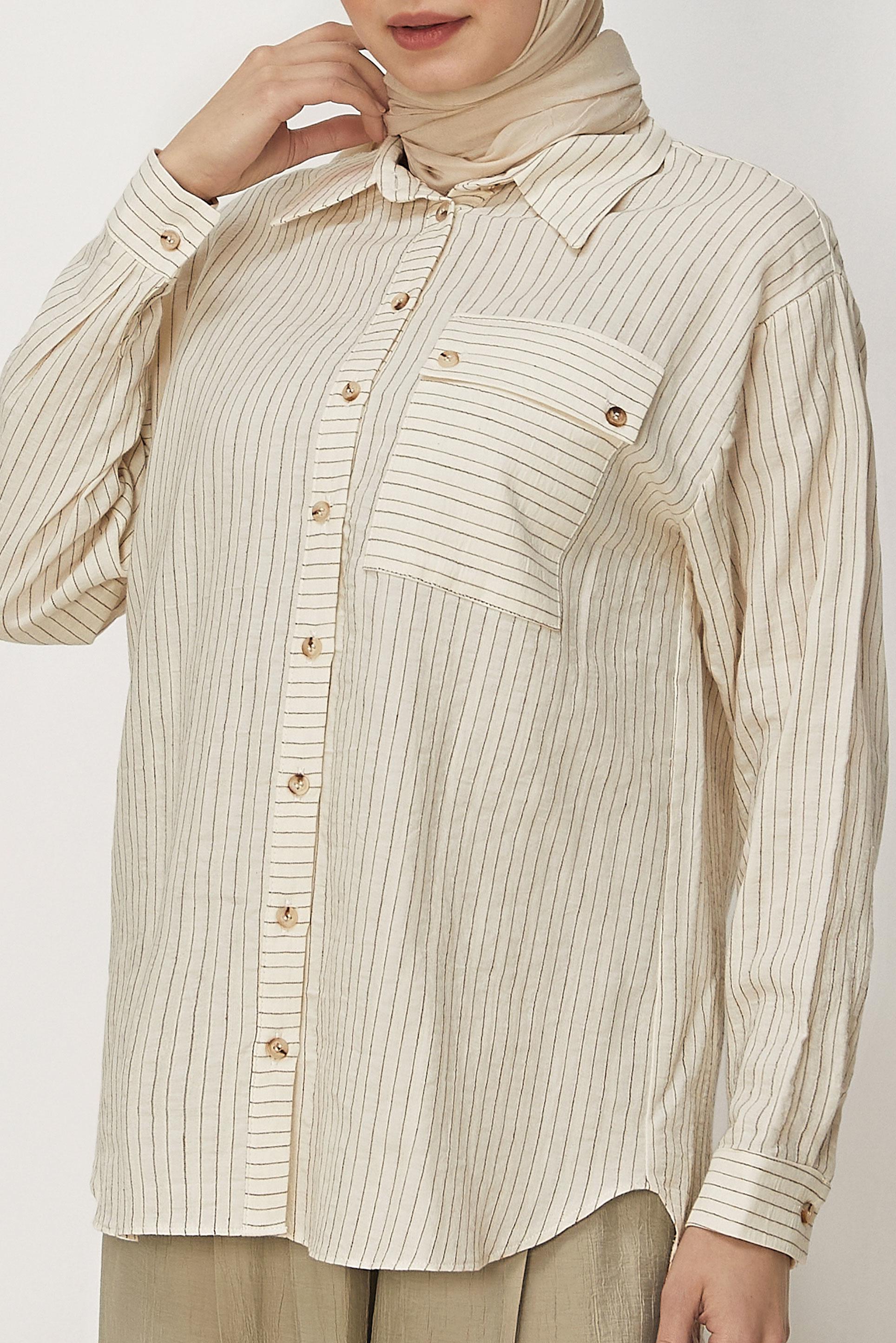 Hijab-Kleidung BRAUN GESTREIFTE HEMDKRAGEN-TUNIKA 46358