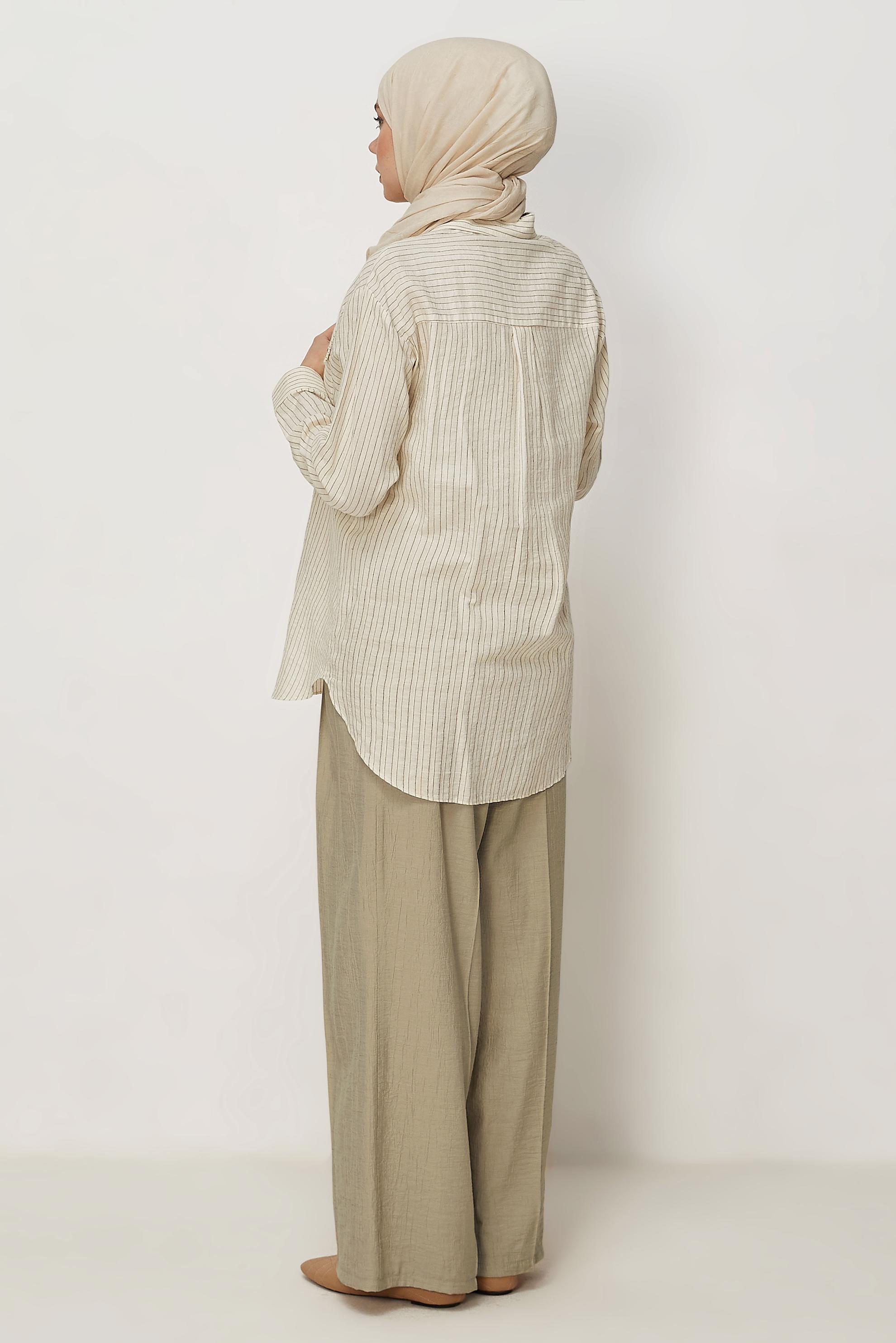 Hijab-Kleidung BRAUN GESTREIFTE HEMDKRAGEN-TUNIKA 46358