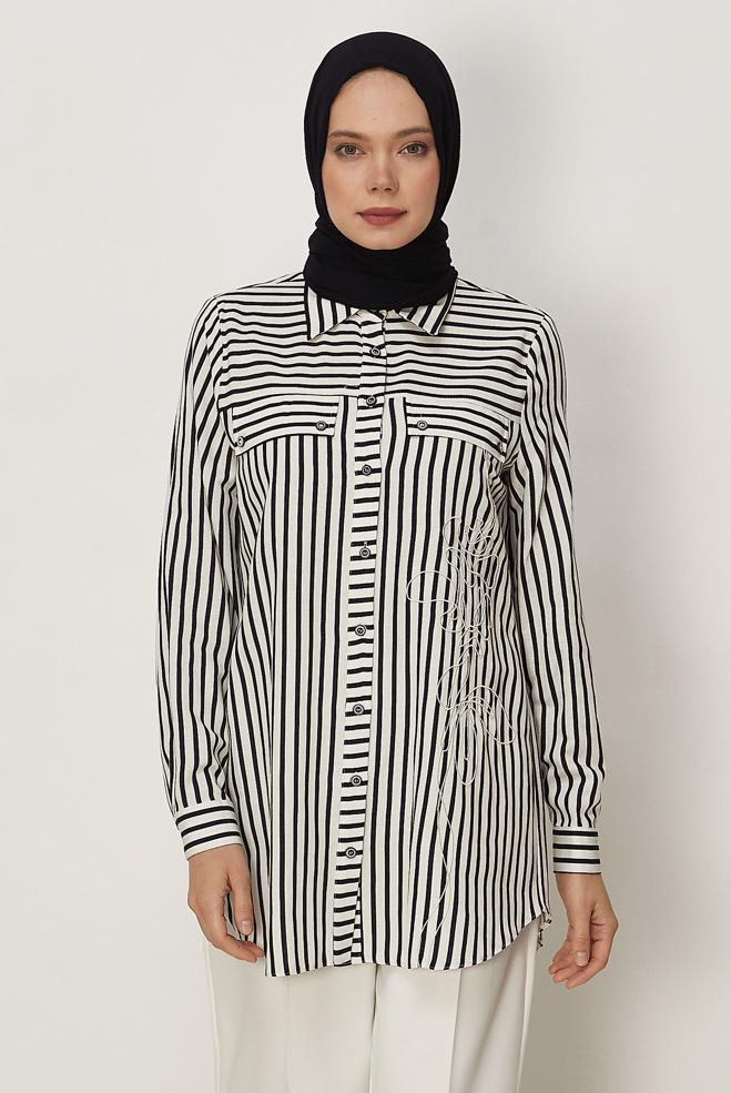 Hijab clothing BEIGE STRIPED SHIRT COLLAR TUNIC 46359 - ALVİNA