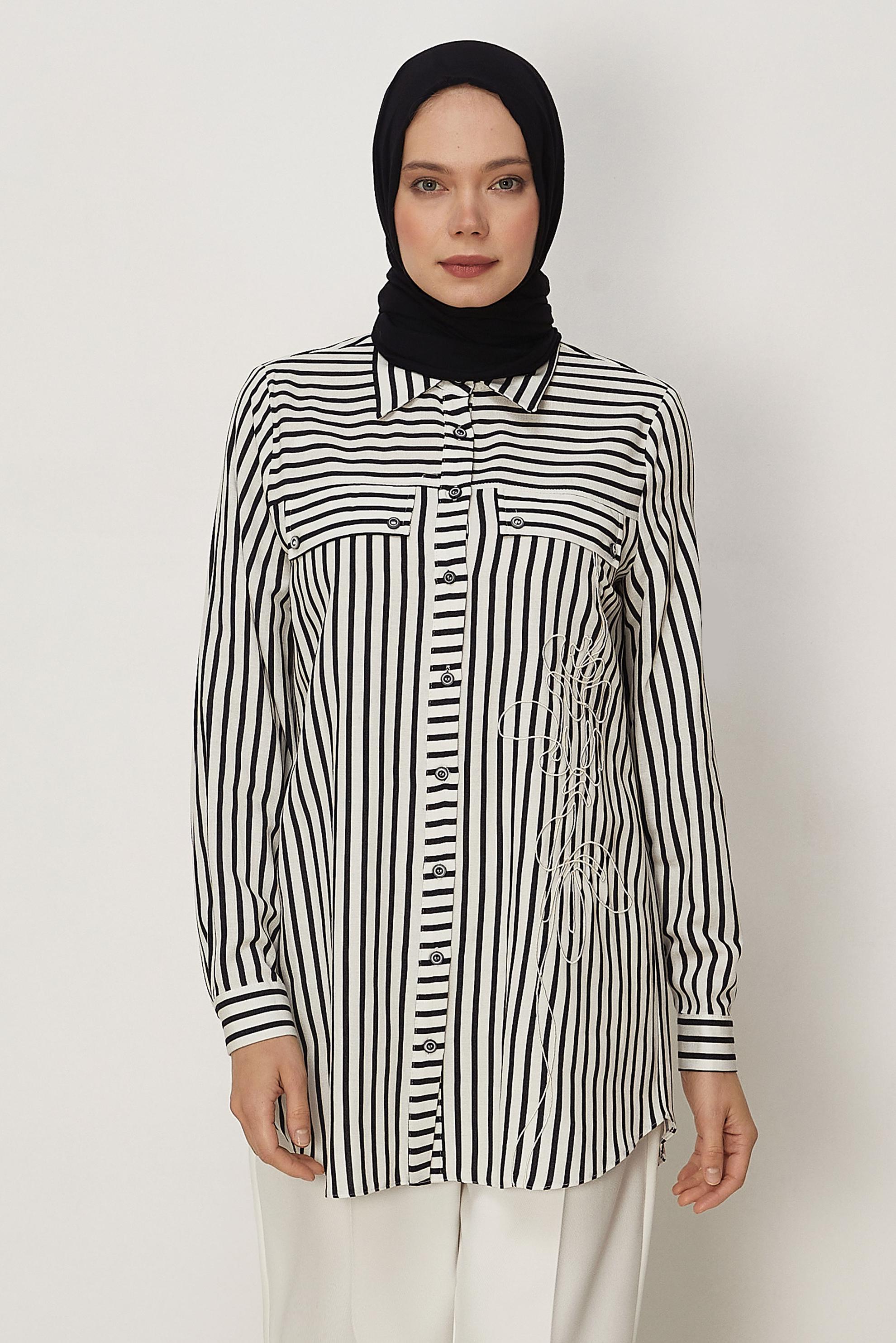 Hijab clothing BEIGE STRIPED SHIRT COLLAR TUNIC 46359