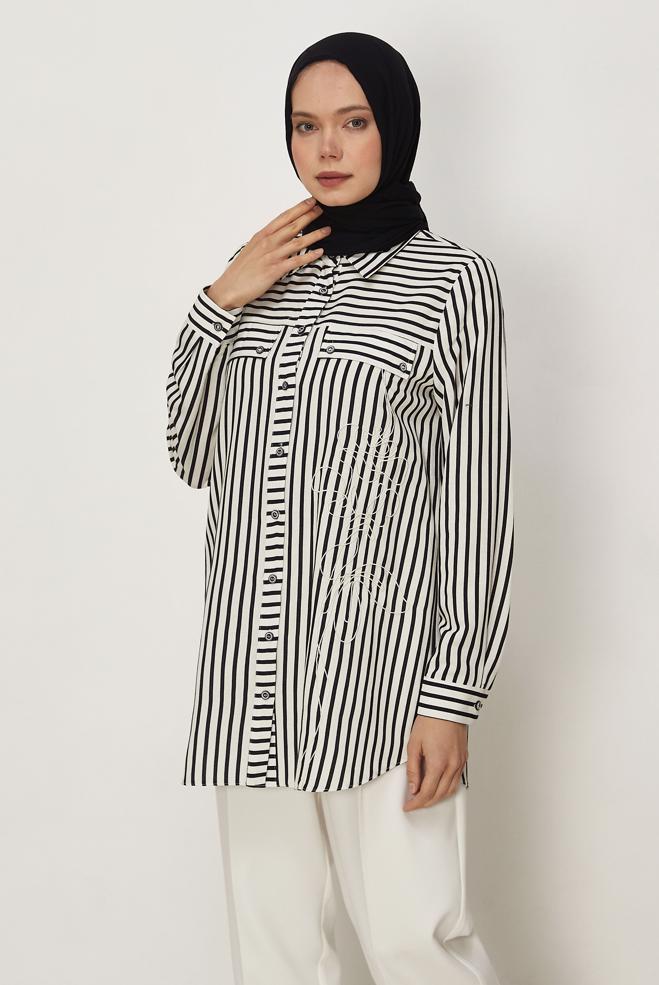 Hijab clothing BEIGE STRIPED SHIRT COLLAR TUNIC 46359 - ALVİNA