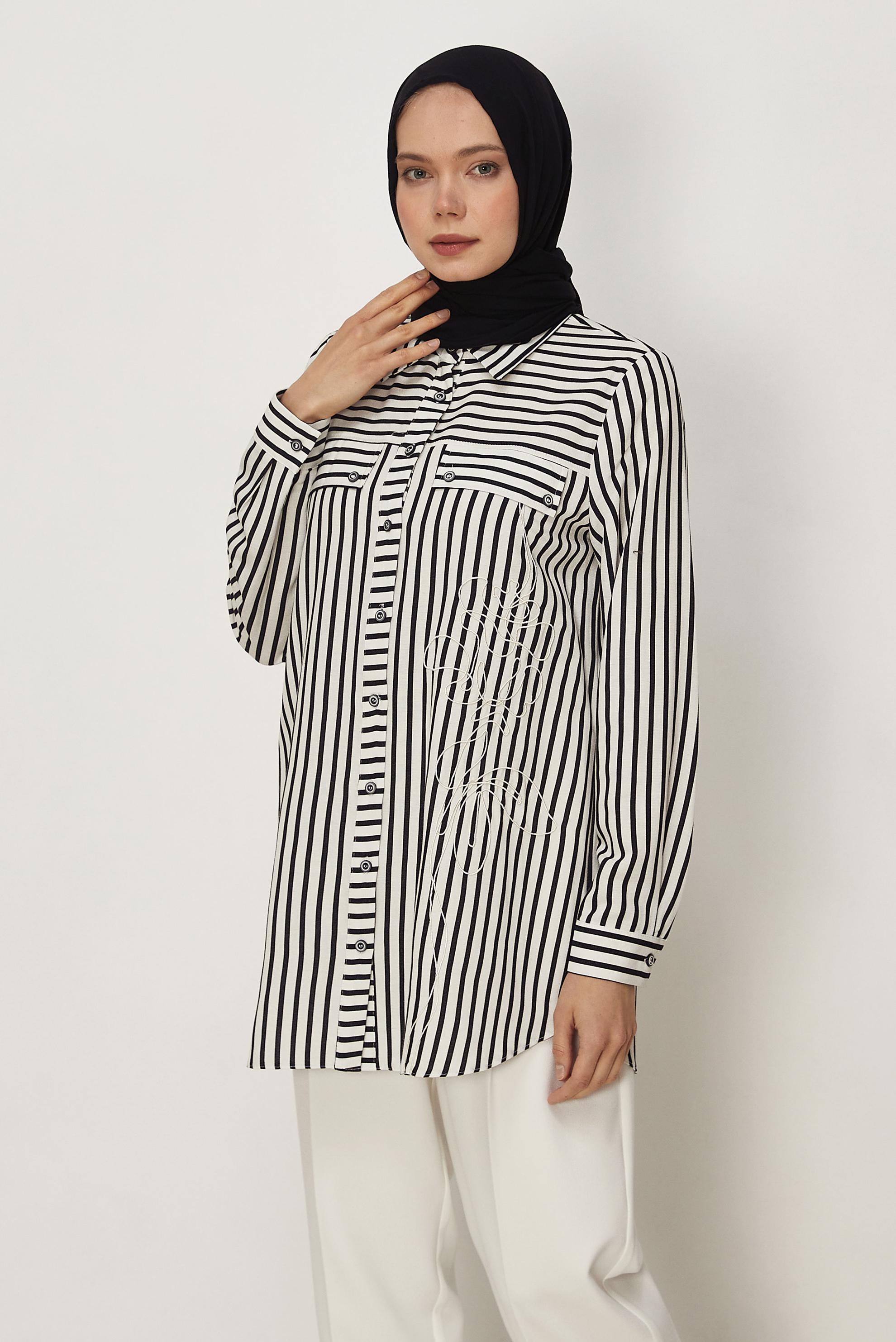 Hijab clothing BEIGE STRIPED SHIRT COLLAR TUNIC 46359