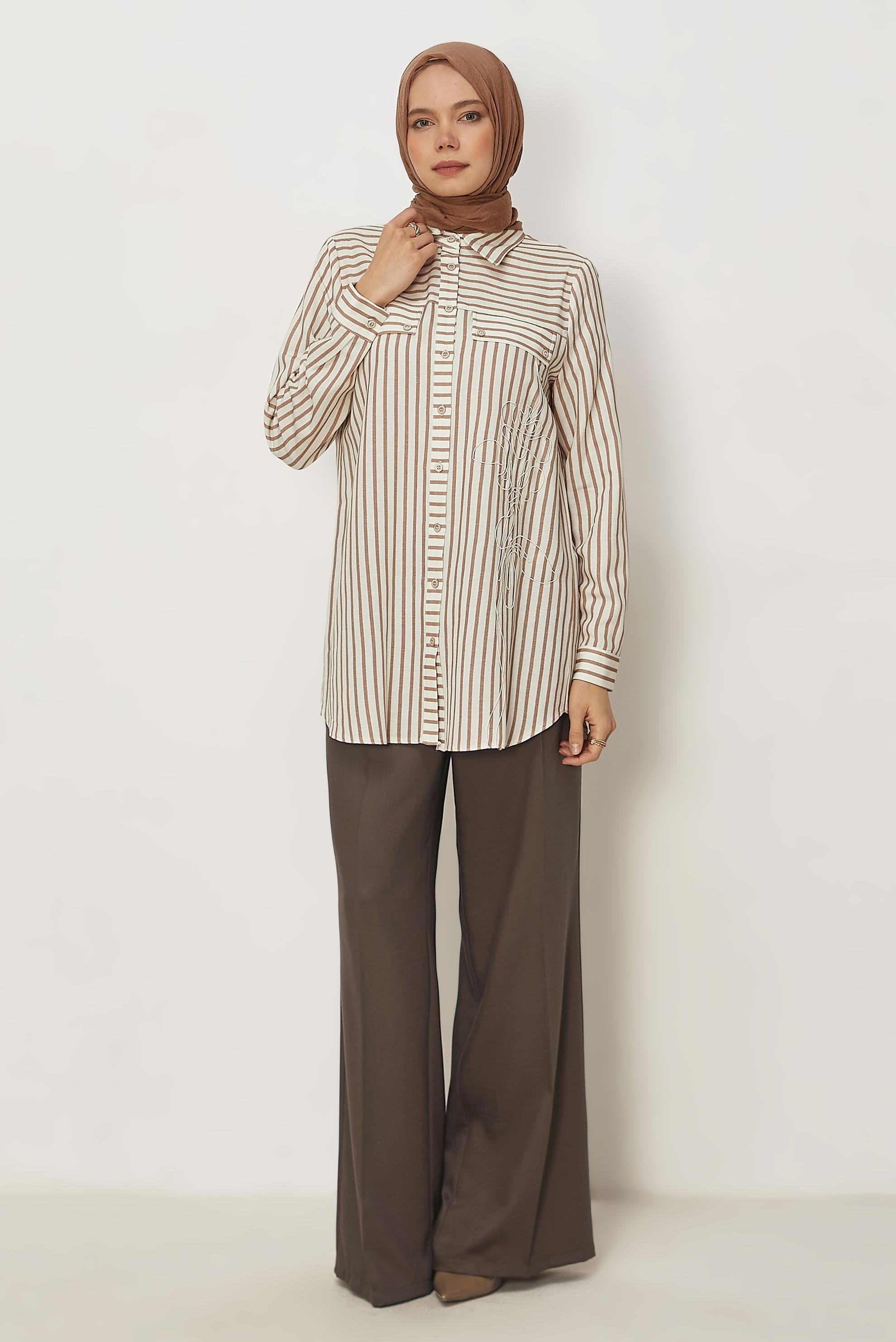 Hijab clothing BROWN STRIPED SHIRT COLLAR TUNIC 46359
