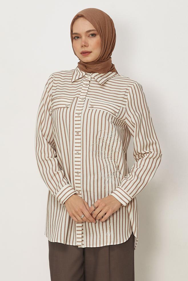 Hijab clothing BROWN STRIPED SHIRT COLLAR TUNIC 46359 - ALVİNA