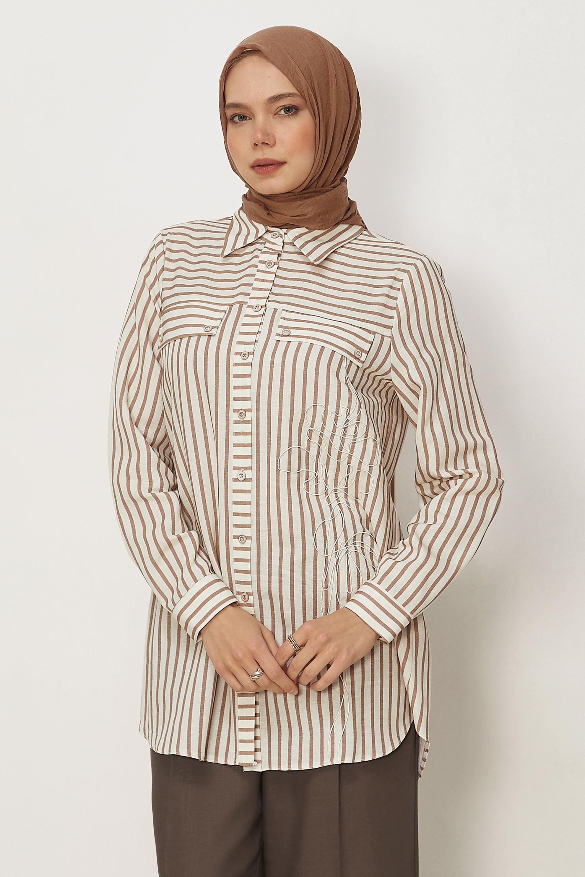 Hijab clothing BROWN STRIPED SHIRT COLLAR TUNIC 46359