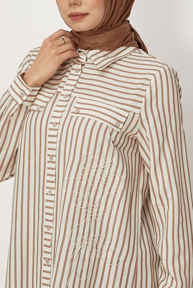 Hijab clothing BROWN STRIPED SHIRT COLLAR TUNIC 46359 - ALVİNA