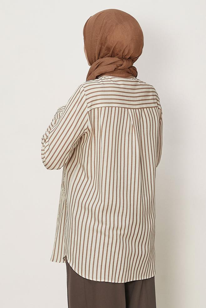 Hijab clothing BROWN STRIPED SHIRT COLLAR TUNIC 46359 - ALVİNA