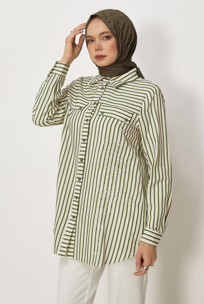 Hijab clothing BEIGE STRIPED SHIRT COLLAR TUNIC 46359 - ALVİNA