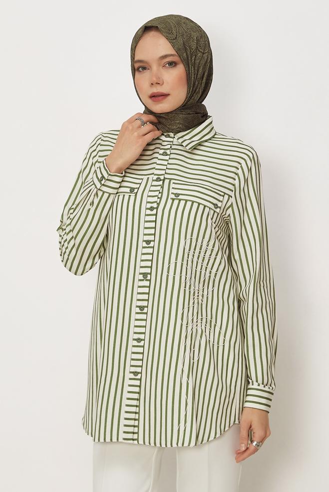Hijab clothing BEIGE STRIPED SHIRT COLLAR TUNIC 46359 - ALVİNA