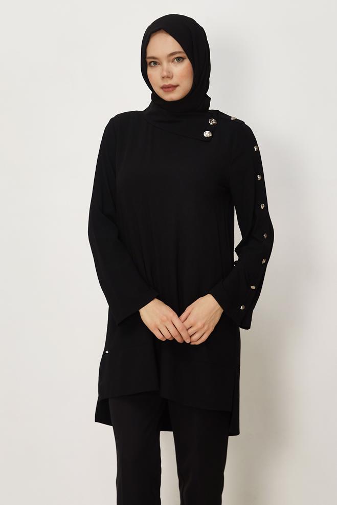 Hijab-Kleidung SCHWARZ TUNIKA MIT KNOPFDETAIL 46376 - ALVİNA
