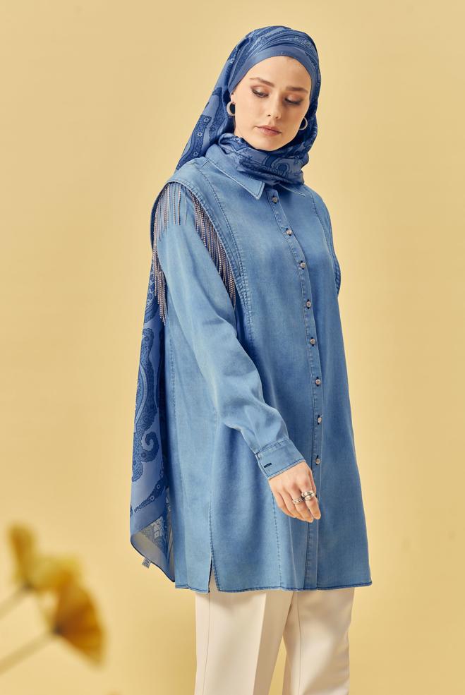 Vêtements hijab BLEU TUNIQUE COL CHEMISE EN JEAN 46404 - ALVİNA