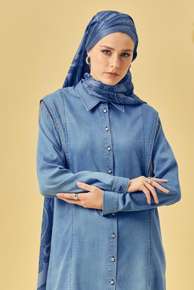 Vêtements hijab BLEU TUNIQUE COL CHEMISE EN JEAN 46404 - ALVİNA