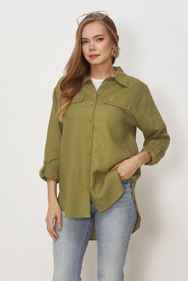 Hijab clothing BEIGE LINEN SHIRT COLLAR TUNIC 46406 - ALVİNA