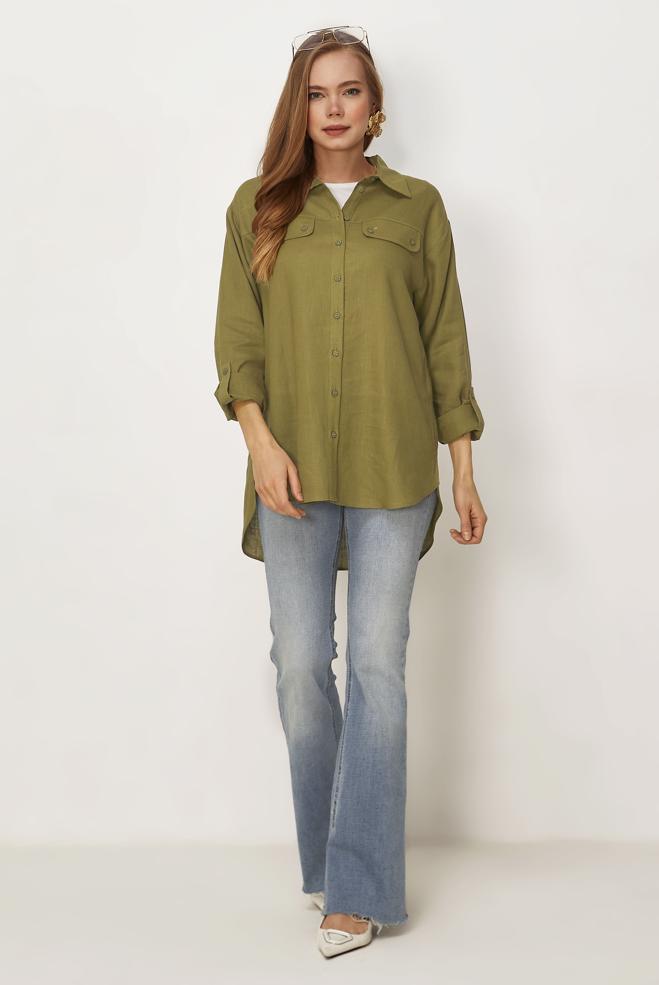 Hijab clothing BEIGE LINEN SHIRT COLLAR TUNIC 46406 - ALVİNA