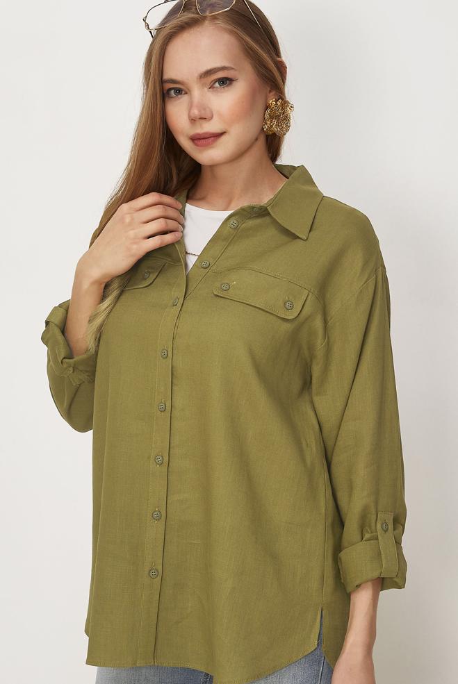 Hijab clothing BEIGE LINEN SHIRT COLLAR TUNIC 46406 - ALVİNA