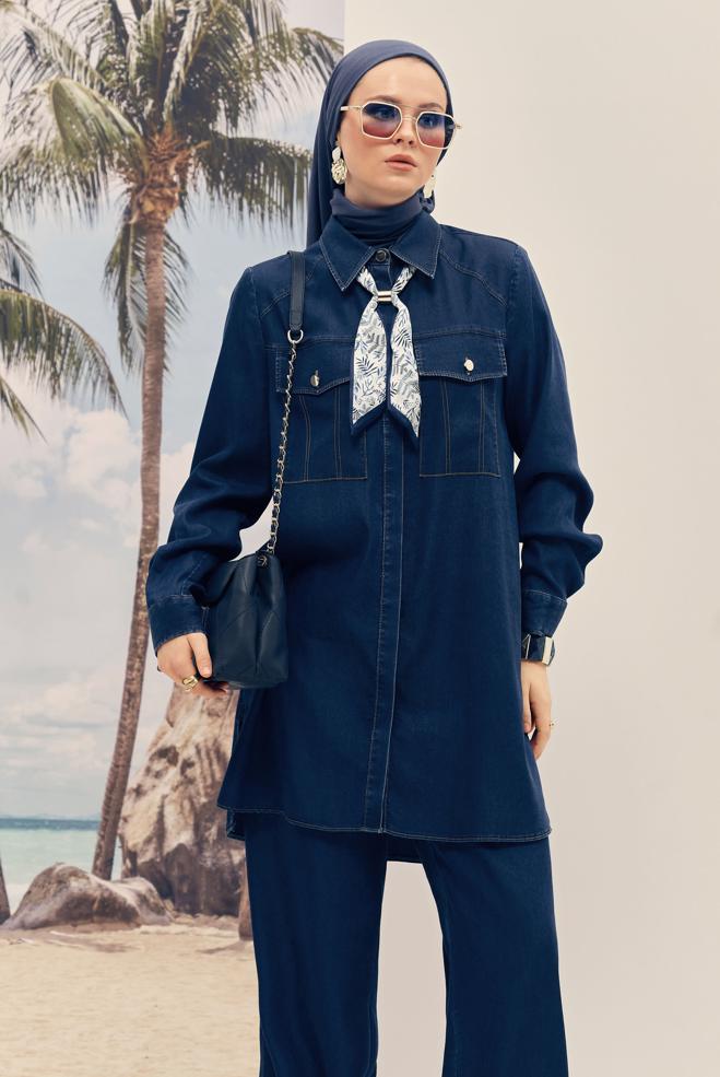 Tesettür giyim LACİVERT 46415 LONDRA DENIM TUNİK 38-46 TEK42 - ALVİNA