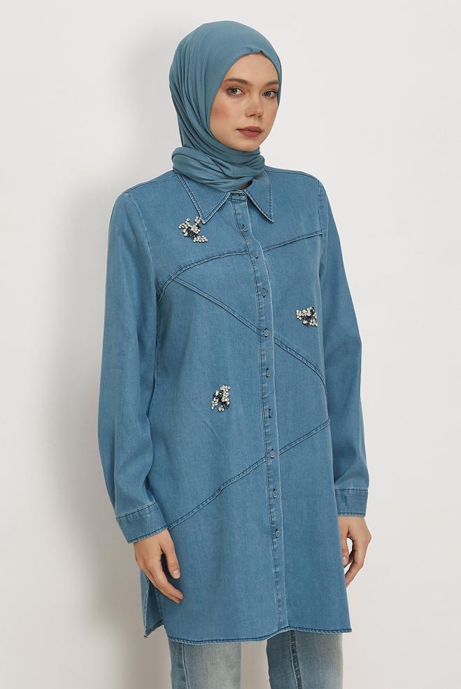 Vêtements hijab BLEU TUNIQUE EN JEAN À COL CHEMISE 46420 - ALVİNA