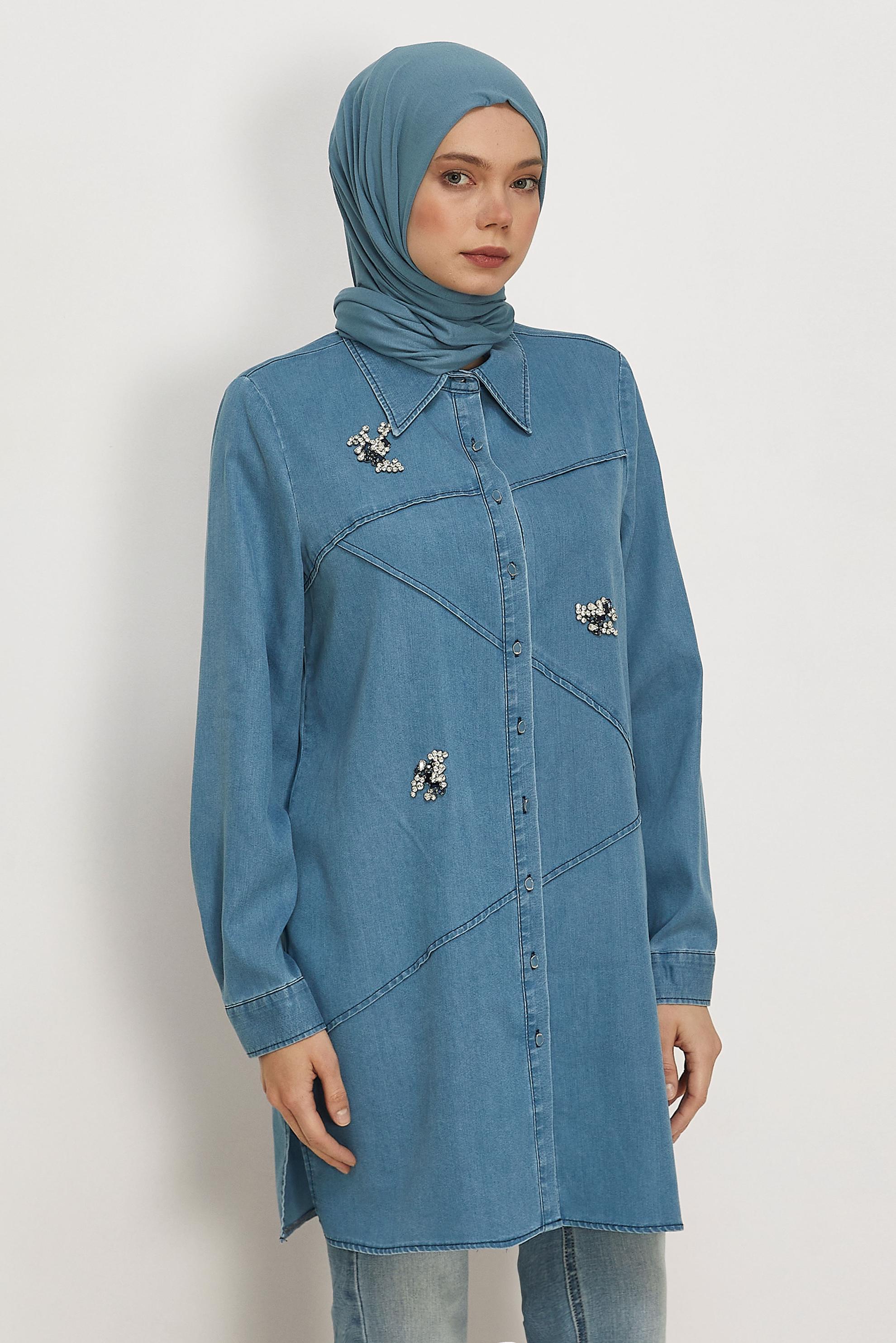 Tesettür giyim MAVİ GÖMLEK YAKA DENİM TUNİK 46420