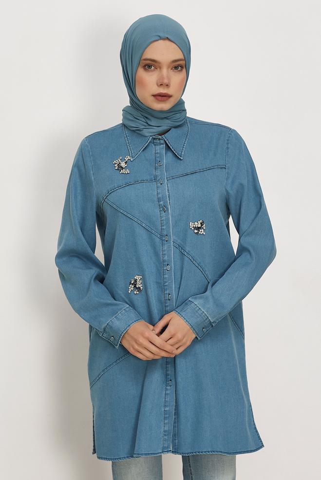 Vêtements hijab BLEU TUNIQUE EN JEAN À COL CHEMISE 46420 - ALVİNA