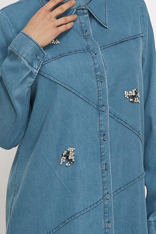 Vêtements hijab BLEU TUNIQUE EN JEAN À COL CHEMISE 46420 - ALVİNA