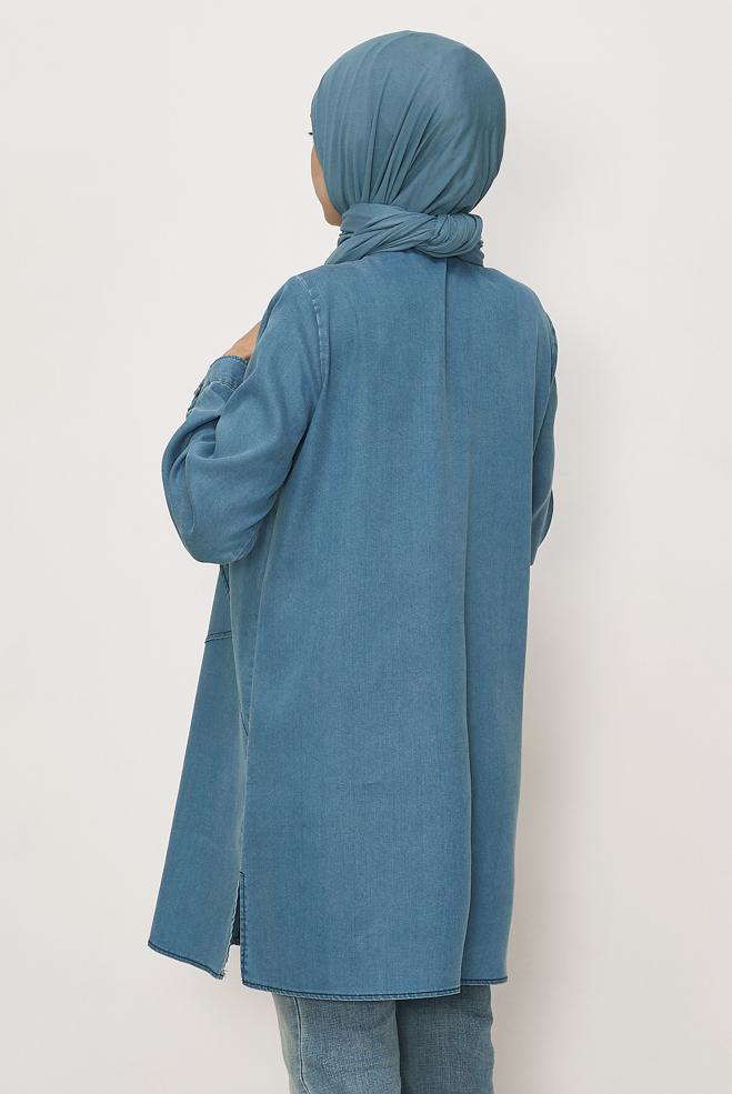 Vêtements hijab BLEU TUNIQUE EN JEAN À COL CHEMISE 46420 - ALVİNA