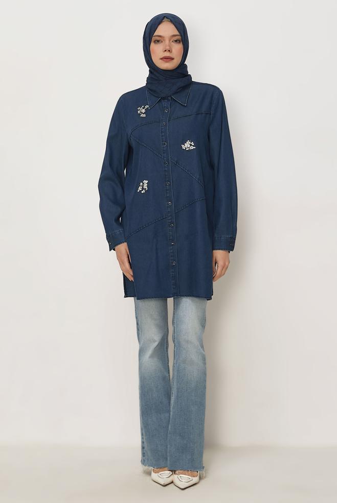 Vêtements hijab BLEU MARINE TUNIQUE EN JEAN À COL CHEMISE 46420 - ALVİNA