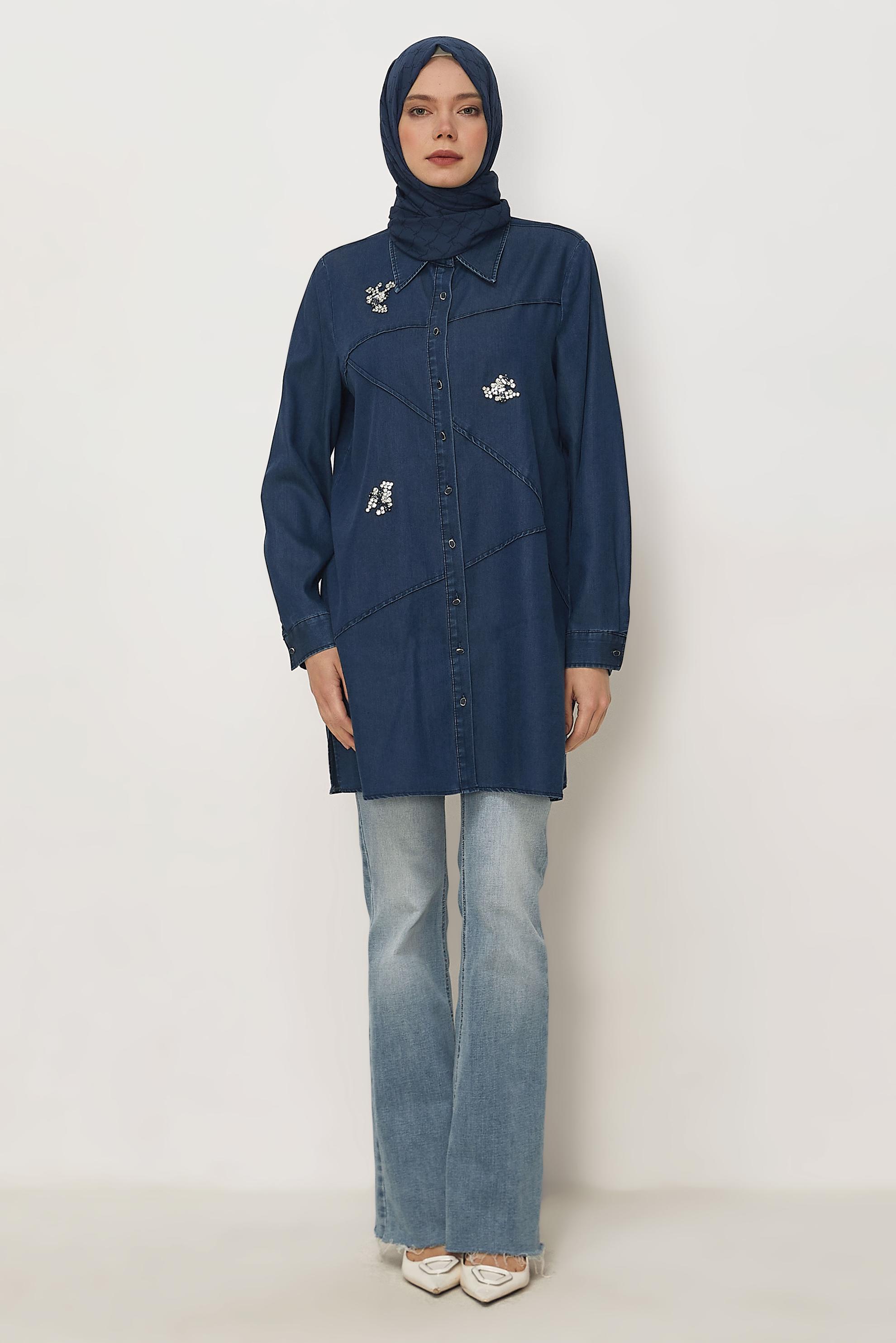 Tesettür giyim LACİVERT GÖMLEK YAKA DENİM TUNİK 46420