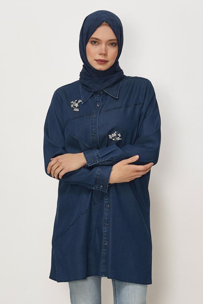Vêtements hijab BLEU MARINE TUNIQUE EN JEAN À COL CHEMISE 46420 - ALVİNA